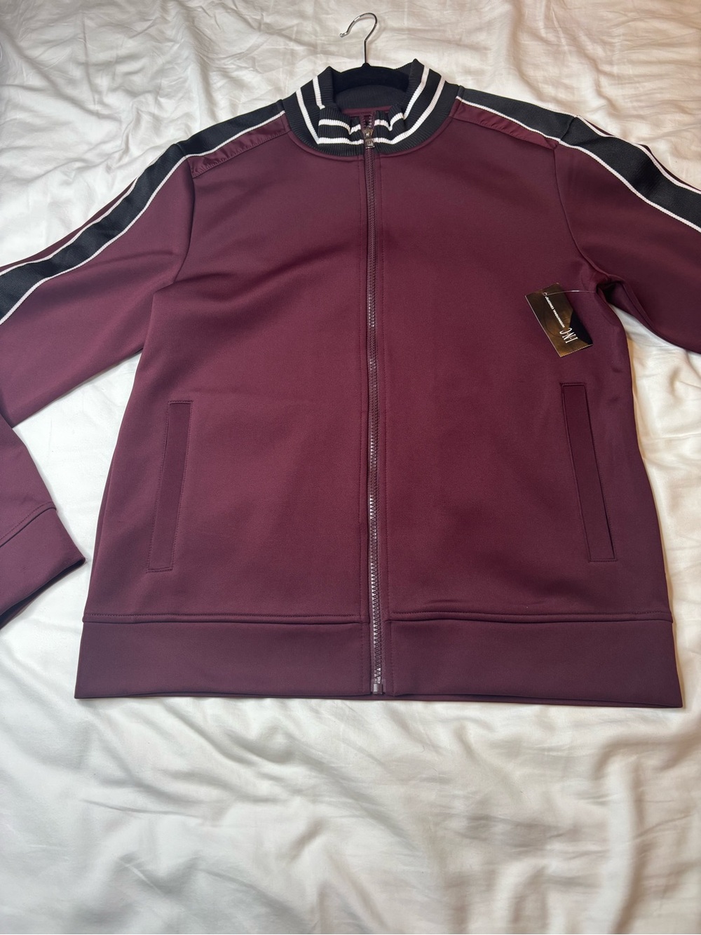 I-N-C Men's Maroon Track Jacket with Black Stripe Collar